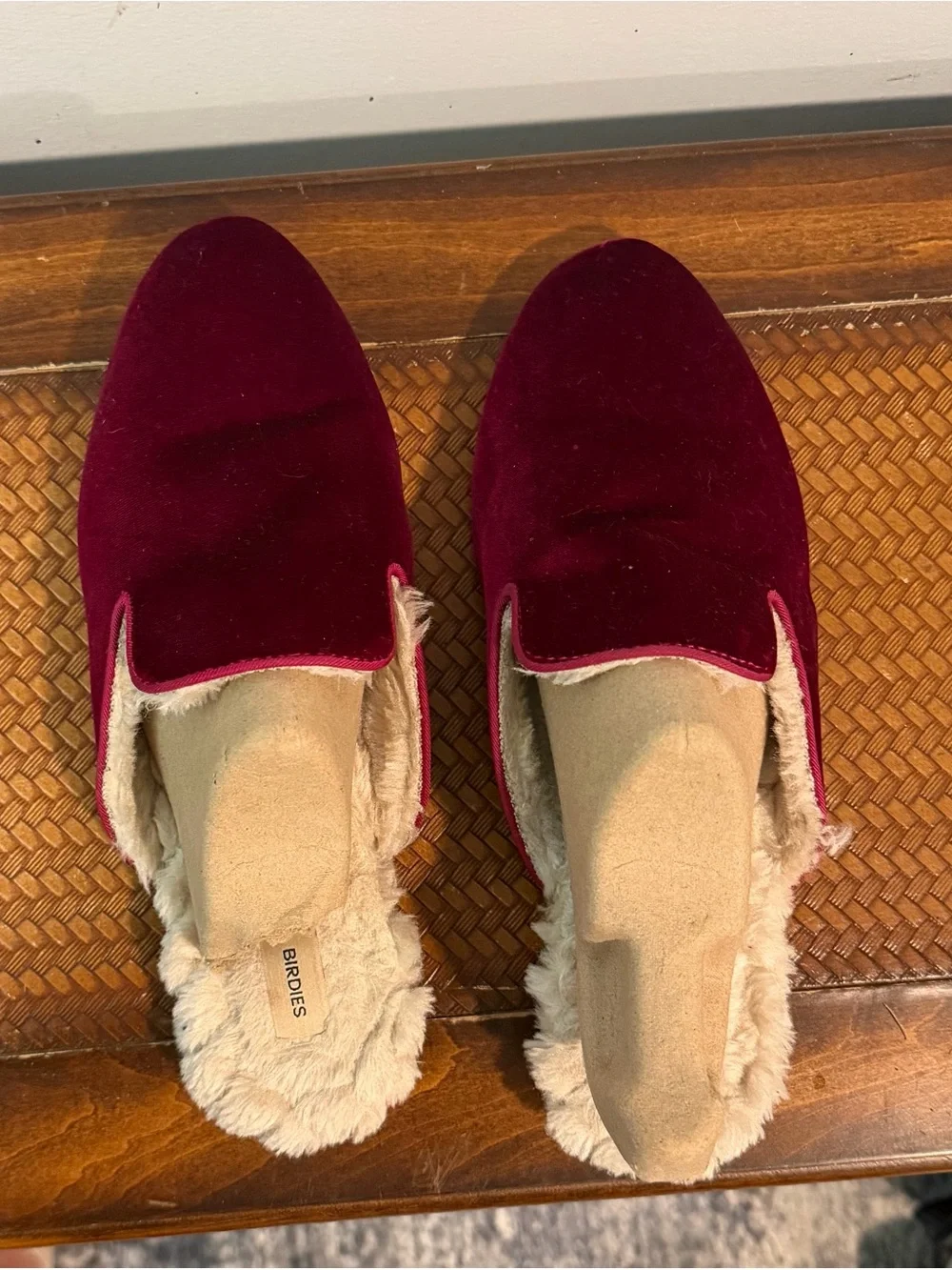 Birdies Burgundy Velvet Fur-Lined Slip-Ons